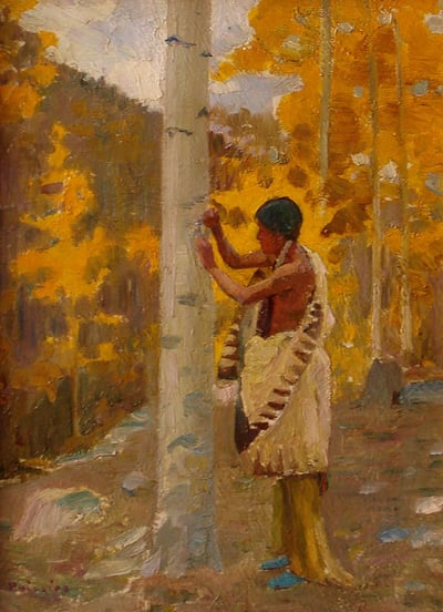 Carving the Tribal Emblem by Bert Phillips