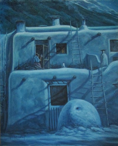 Harvest Moonlight Taos Pueblo by Tom Lockhart 