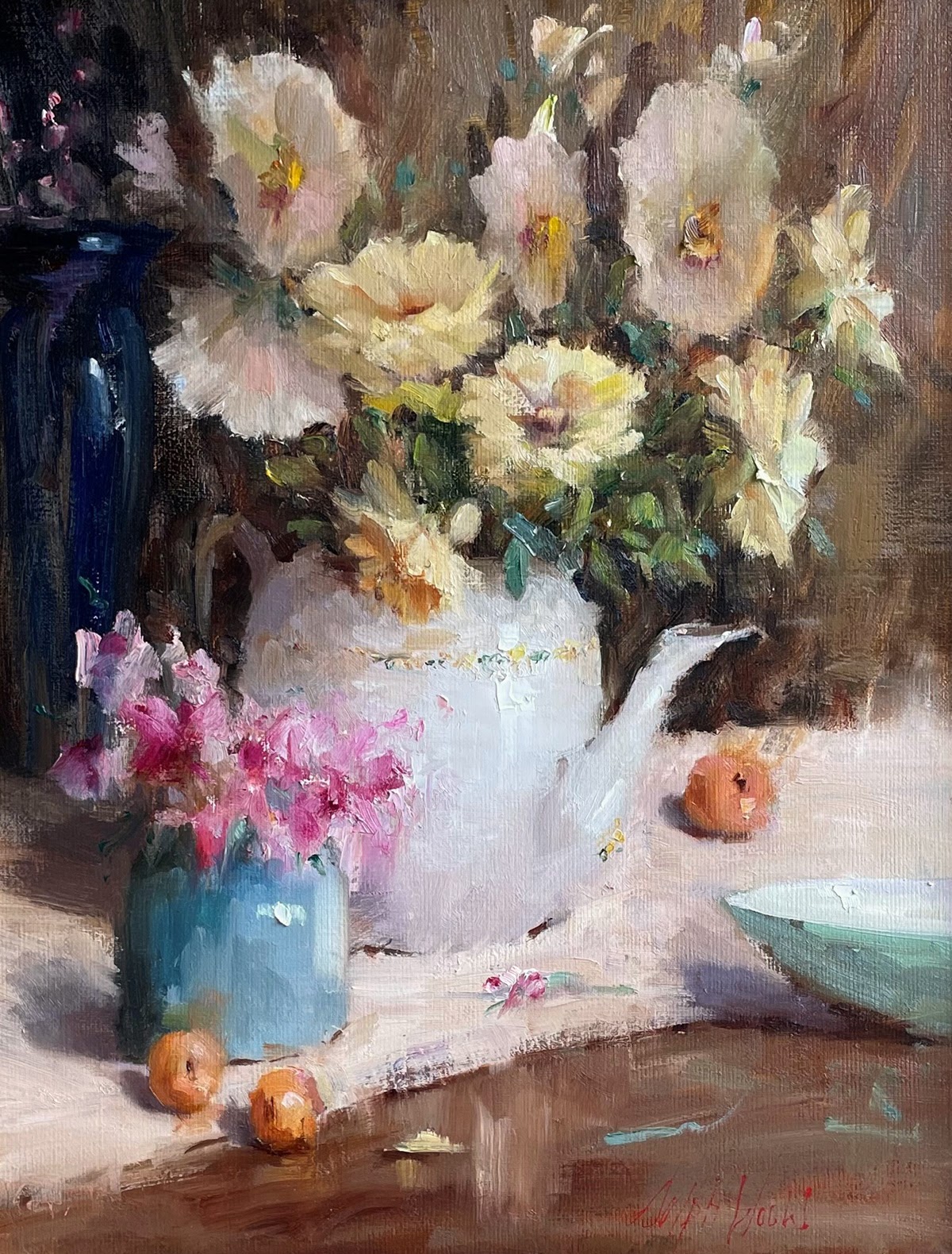 Arrangement in White Teapot by Mary Dolph Wood