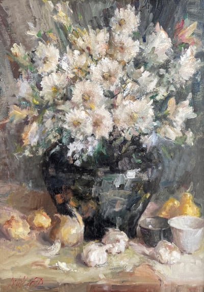 Black Vase with Mums by Mary Dolph Wood