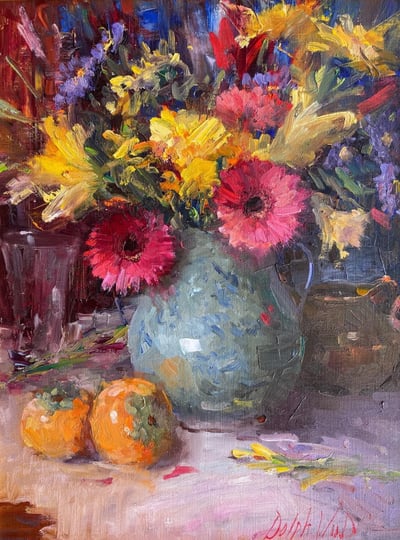 Flower Arrangement with Persimmons by Mary Dolph Wood