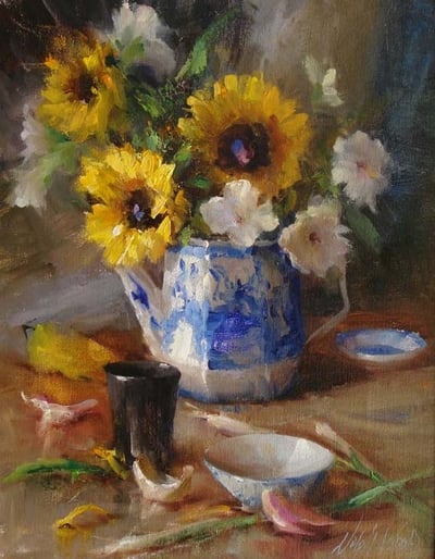 Sunflowers Blue & White Teapot by Mary Dolph Wood