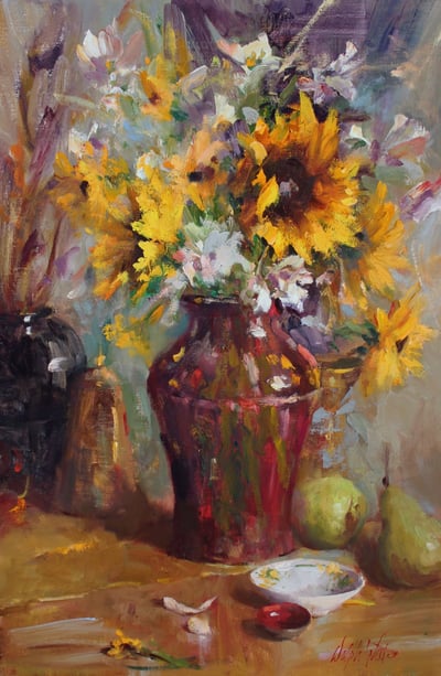 Red Crystal with Sunflowers and Pears by Mary Dolph Wood