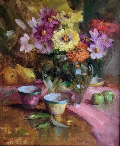 Zinnias and Chinese Vase by Mary Dolph Wood