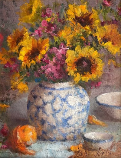 Sunflowers in Blue and White Vase by Mary Dolph Wood