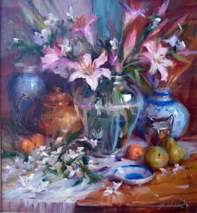 Flower Arrangement with Persimmons by Mary Dolph Wood