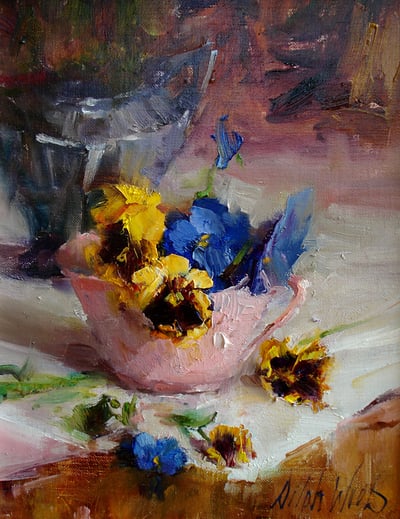 Pansies in Pink Cup by Mary Dolph Wood