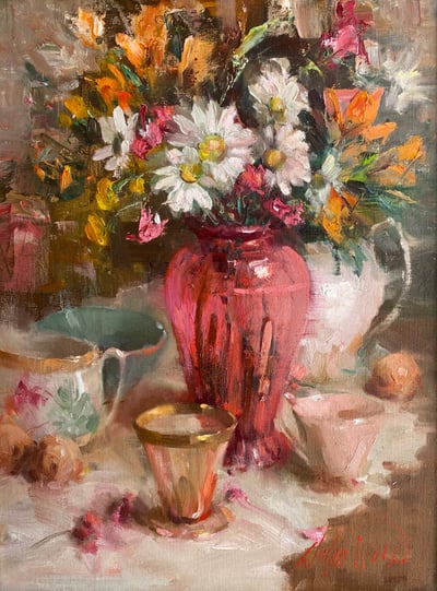 Red Vase and Dasies by Mary Dolph Wood
