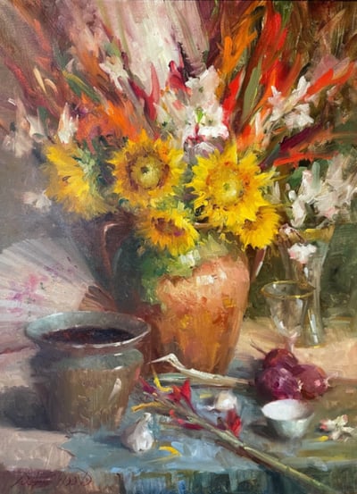 Sunflowers, Gladiolas and Dogwood by Mary Dolph Wood