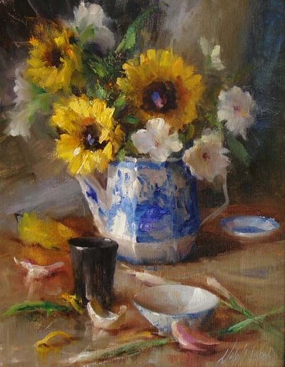 Sunflowers in Blue and White Vase by Mary Dolph Wood