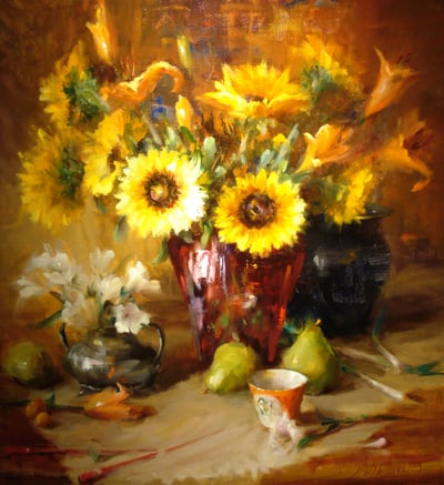 Red Crystal with Sunflowers and Pears by Mary Dolph Wood