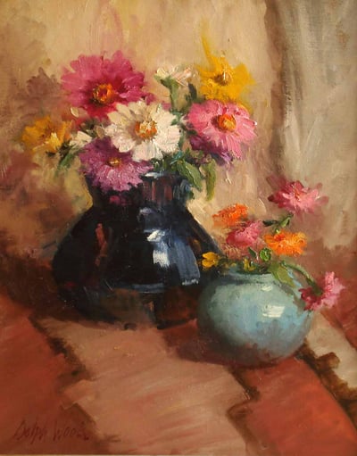 Zinnias in Pottery on Indian Rug by Mary Dolph Wood