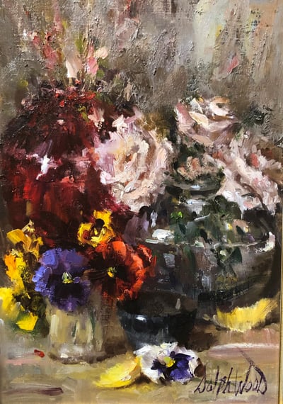 Arrangement with Roses and Pansies by Mary Dolph Wood