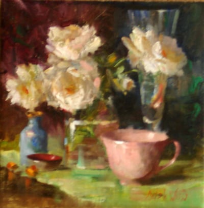 White Roses, Pink Cup by Mary Dolph Wood