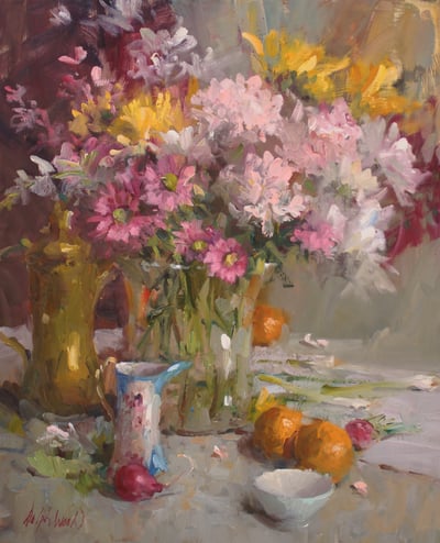 Floral with Brass and oranges by Mary Dolph Wood