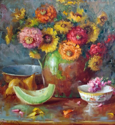Zinnias in Turkish Pottery by Mary Dolph Wood